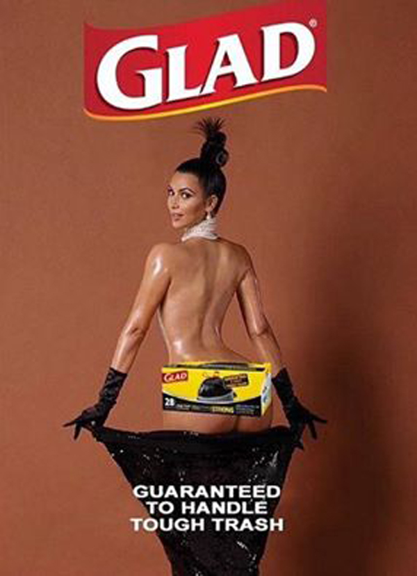 A woman in a bikini flaunting her bounteous assets for a glad ad.