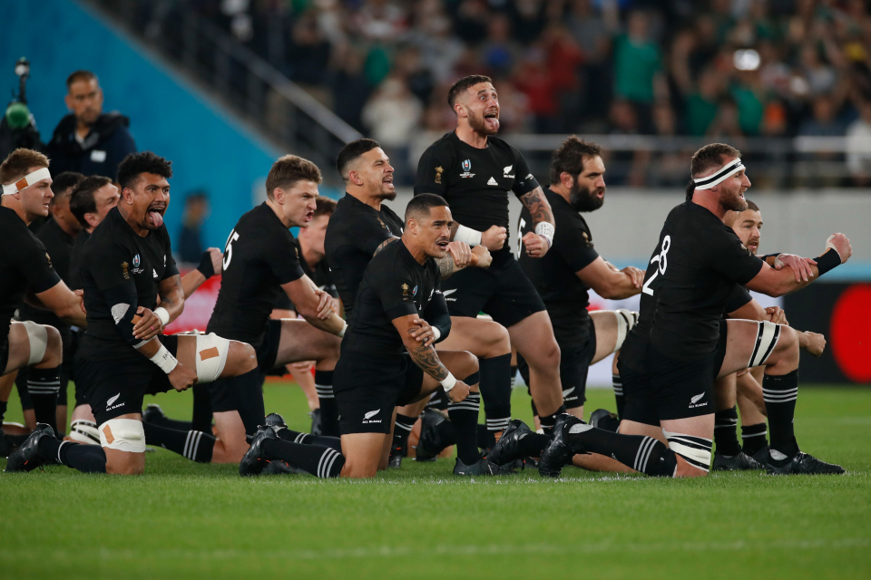 New Zealand rugby players perform The Haka before the match.