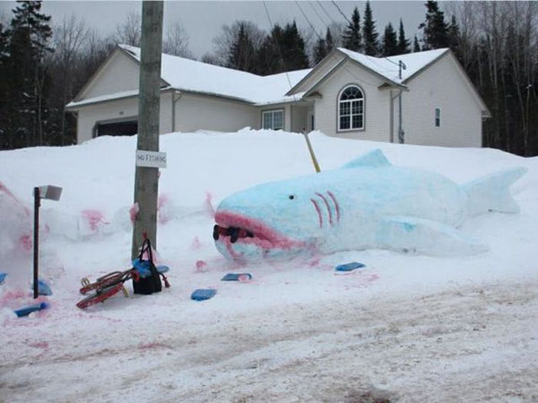 A snow sculpture of a shark in front of a house brings winter joy.