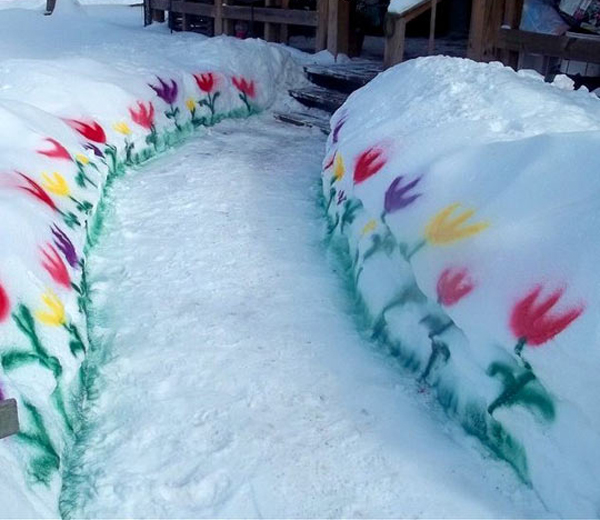 A snow path adorned with vibrant flowers enhances the wintry scenery.