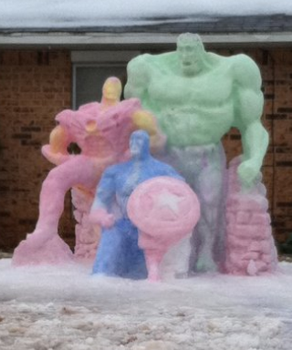 Hulk and Captain America join forces with snow art sculptures.