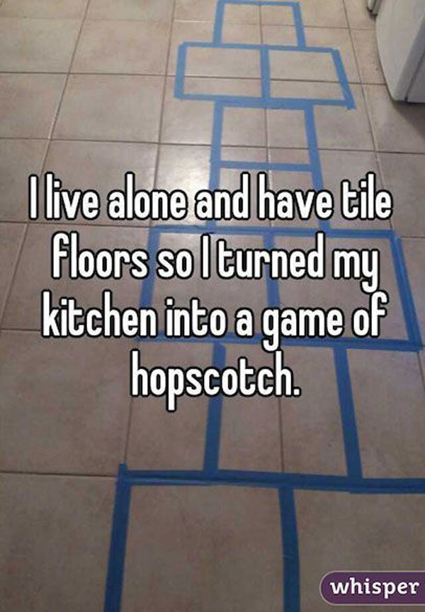 Living alone, game, hopscotch, tile floors.