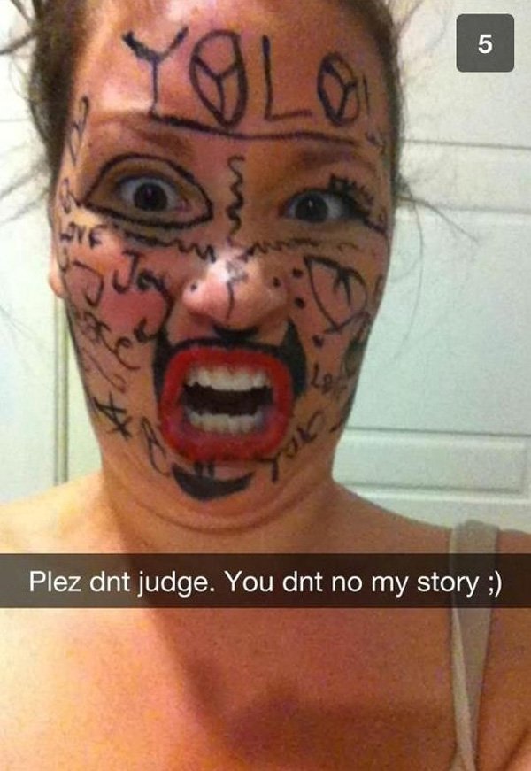 A woman with her face painted like graffiti, captured in a leaked Snapchat.