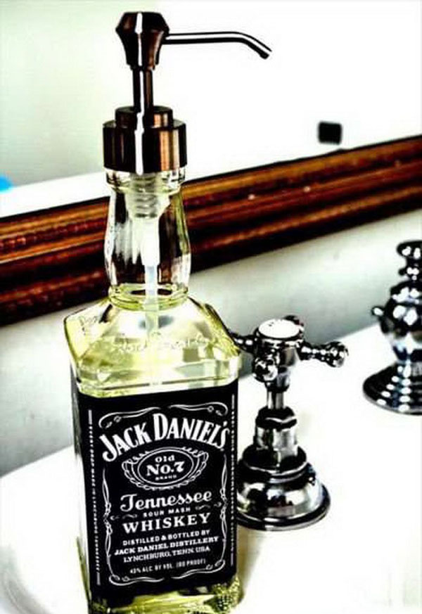 A bottle of Jack Daniels soap, a want that will make you willingly part with your money, displayed on a sink.