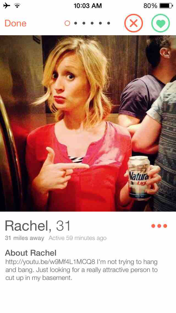 A woman is posing for a picture on a dating app called Tinder.