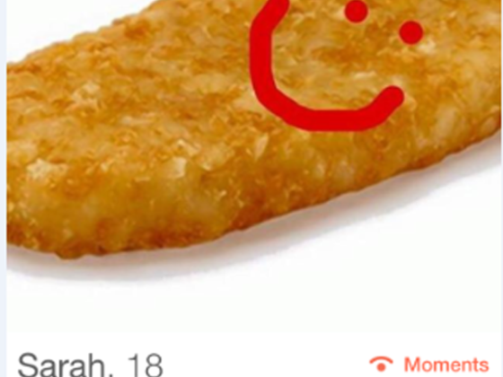 Our Top Tinder Finds This Week: A picture of a smiley face on fried chicken.