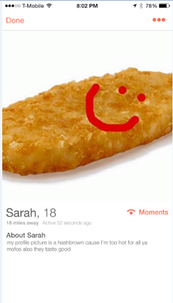 Our Top Tinder Finds This Week: A picture of a smiley face on fried chicken.