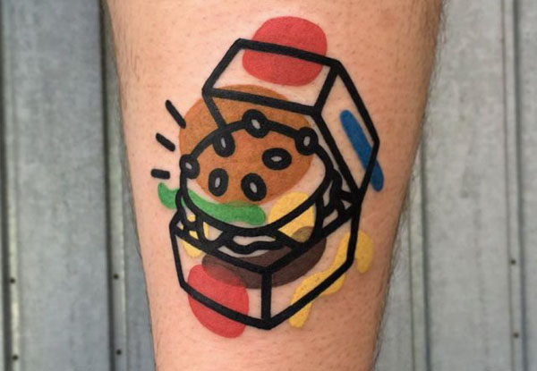 A man with an unusual tattoo of a burger.