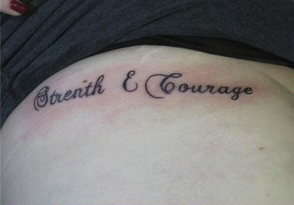A woman's thigh tattoo promoting strength and courage as an empowering symbol.