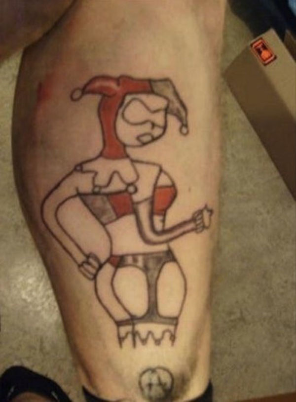 A tattoo of a Harley Jones character on a leg that brings comfort and positivity.