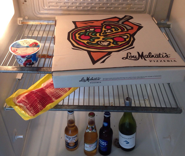Refrigerator, pizza box