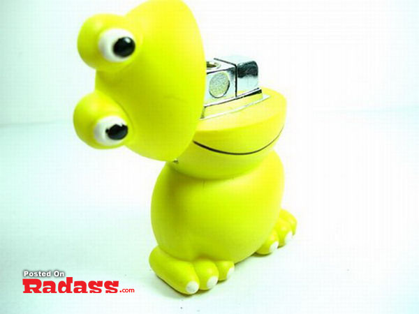 A yellow toy frog lighter, perfect for lighting up in style on a white background.