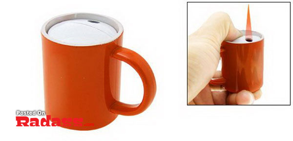 A stylish red coffee mug equipped with a lighter for those who like to light up.