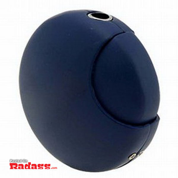 A stylish blue ball with a metallic handle.