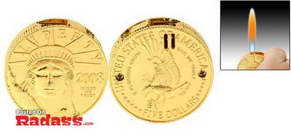 A stylish gold coin accompanied by a lighter.