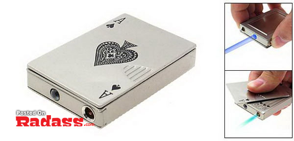 A person is holding a stylish lighter with a playing card design.