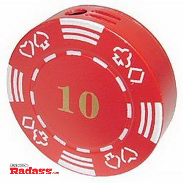 A stylish red poker chip with the number 10 on it.