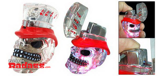 A stylish lighter adorned with a skull and red hat.