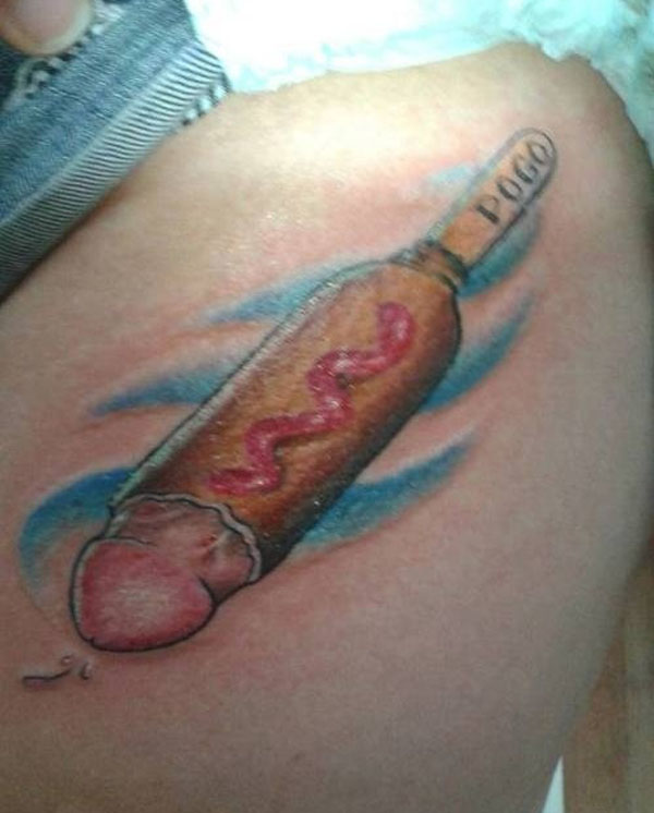 A woman's thigh tattoo that features a hot dog, making people grateful for their own choices.