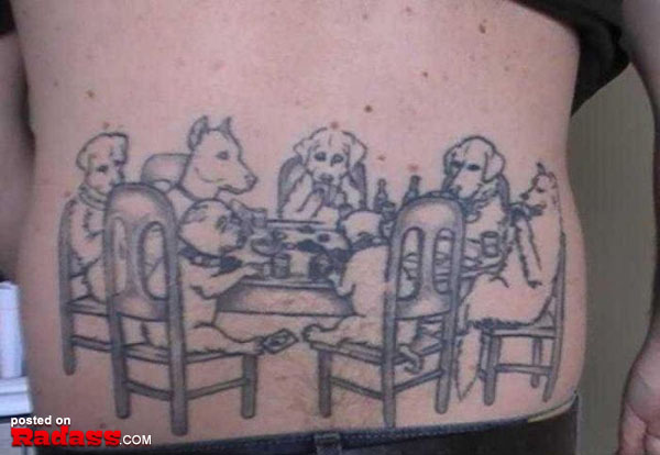 A man's regrettable tattoo of a group of dogs at a table.