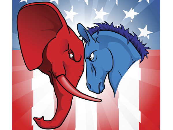 Two elephants engaging in a political ping pong match on an American flag, accompanied by memes.