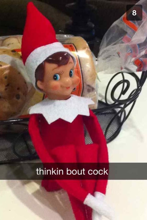 Elf on the shelf perfectly Snapchatting while cooking.