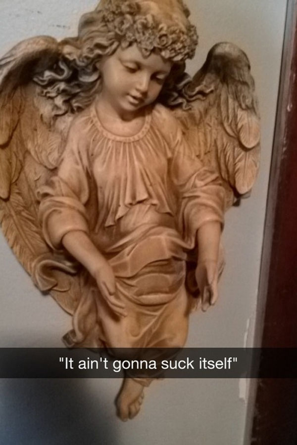 A statue of an angel capturing the essence of people who are doing Snapchat just right with the caption ain't gonna suck head.