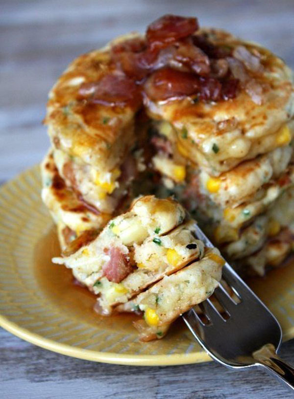 A stack of food porn pancakes with bacon.