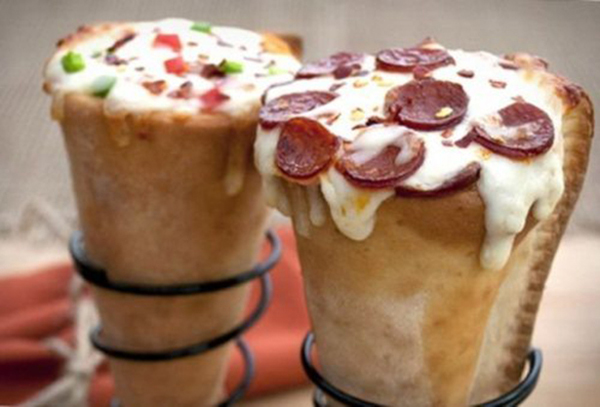 Hungry? Indulge in some food porn with two mouthwatering pizza cones topped with pepperoni and cheese.