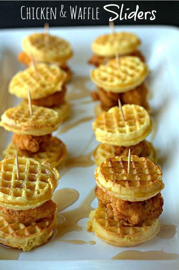 Game Day Grub Idea: Chicken and waffle sliders served on a white plate.