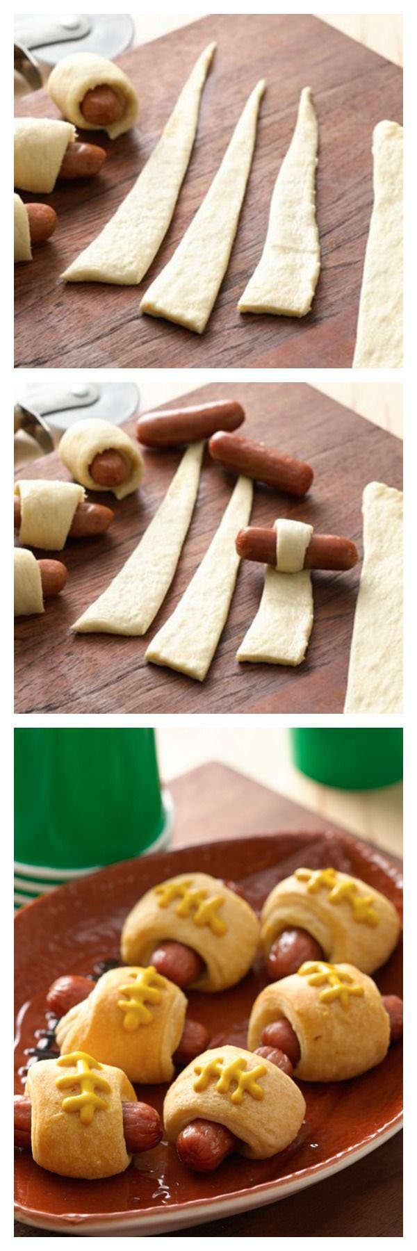 A series of pictures showing how to make Game Day Grub Ideas hot dog rolls in honor of football.