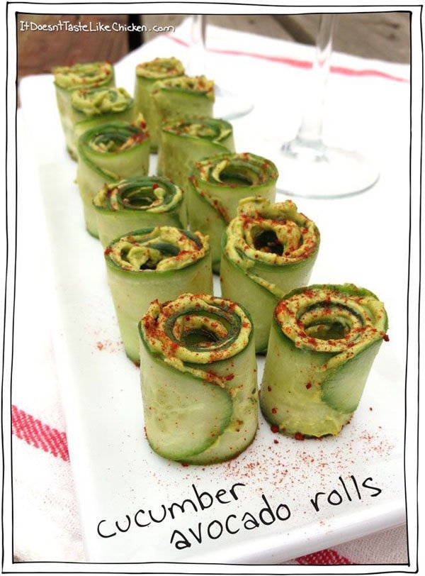 Game Day Grub Ideas: Cucumber avocado rolls on a white plate.