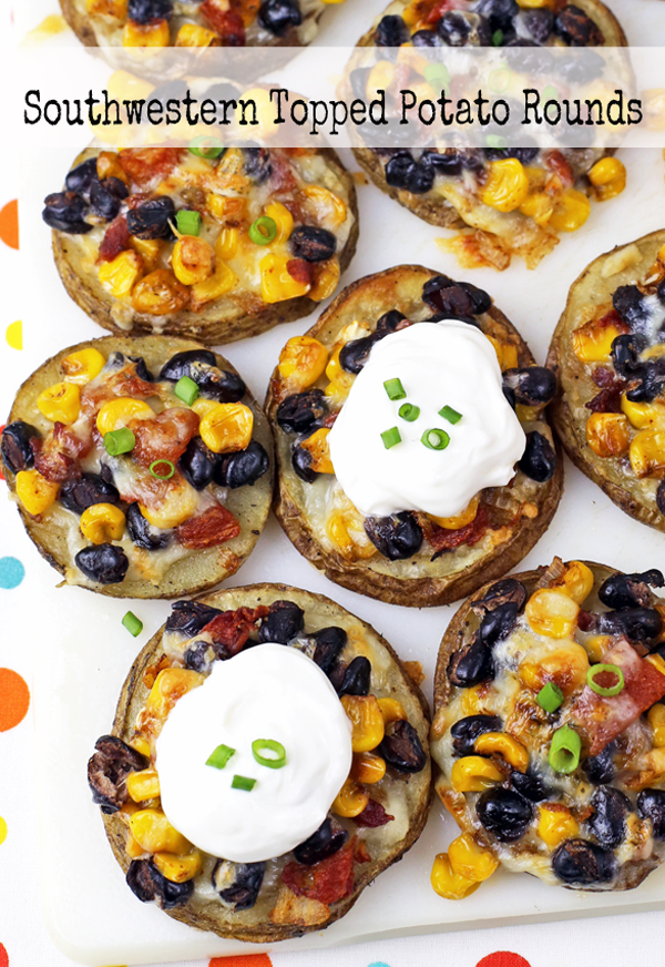 Southwest-themed potato rounds, perfect for game day, topped with black beans and sour cream in honor of football.