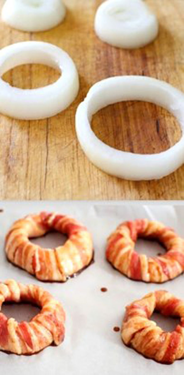 Game Day Grub Ideas: Bacon wrapped onion rings, in honor of football.