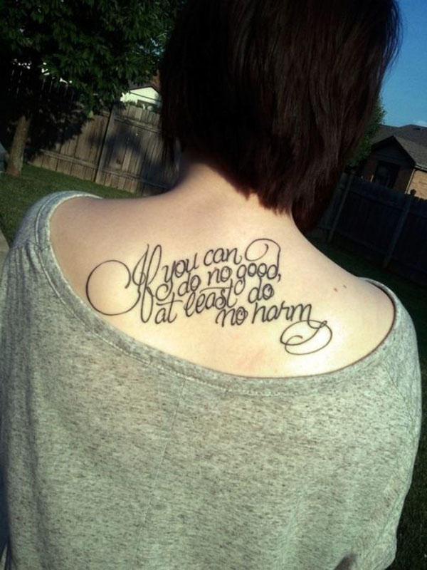 woman, back, tattoo, quote