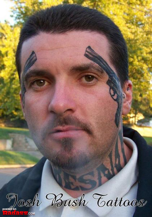 A man with a regrettable gun tattoo on his face.