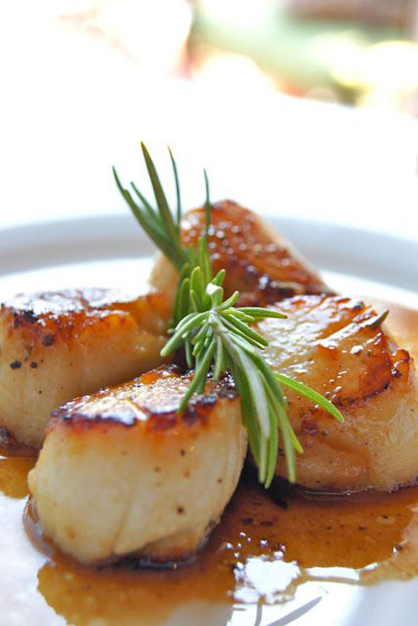 Scallops seductively presented on a white plate with captivating rosemary sprigs.