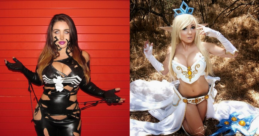 Two pictures of a woman in an incredibly convincing cosplay costume.