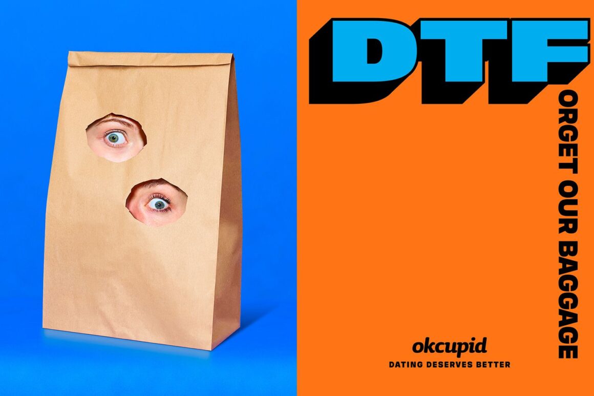 A brown bag with two eyes and the words dtf on it, difficult to figure (out).