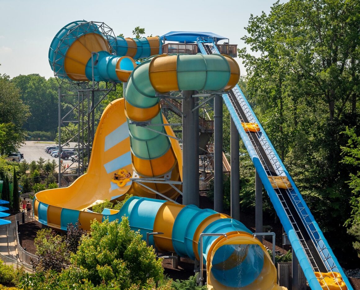 RadAss is a unique water park featuring a vibrant blue and yellow water slide.