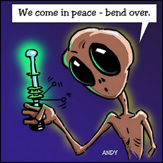 A cartoon of an alien holding a syringe, depicting the Extraterrestrial Impact on Society.