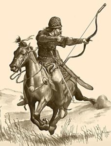 A depiction of a skilled horseman armed with a bow and arrow.