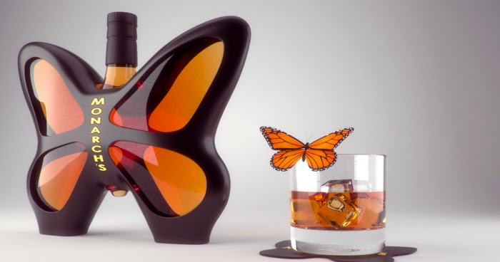 A bottle of whisky adorned with a whimsical butterfly for the drinking aficionado's home collection.