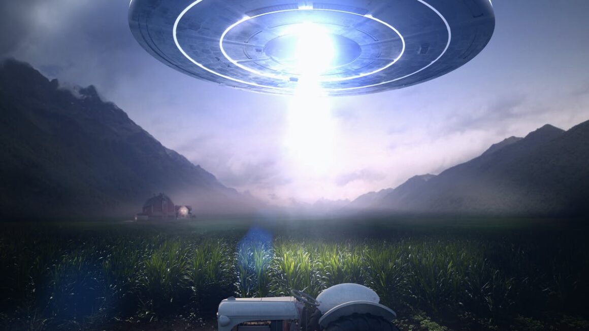An extraterrestrial observing society from a UFO camera in a field.