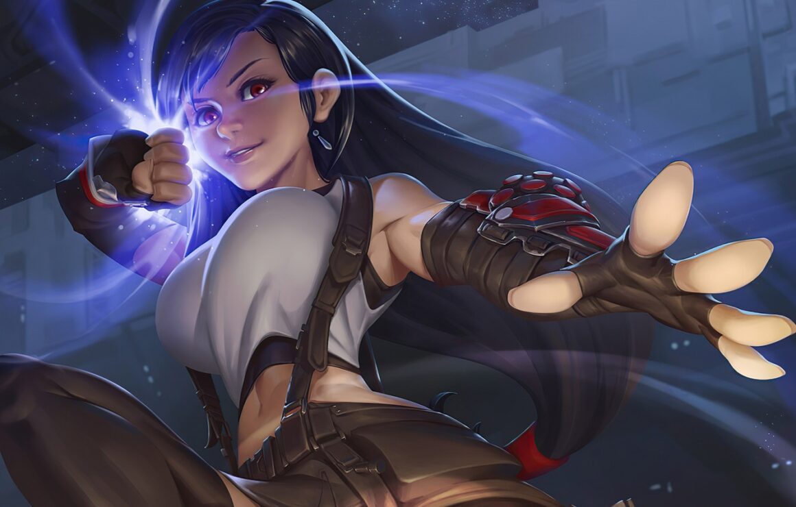 A digital beauty with long black hair holding a sword.