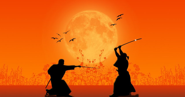 Two Samurai showcasing the greatness of warrior cultures in front of a full moon.
