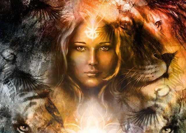 A woman connecting with her inner animal through an image with a lion in the background.