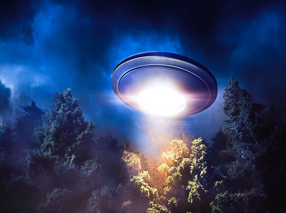 The Extraterrestrial Impact on Society - A blue UFO soaring through a forest.