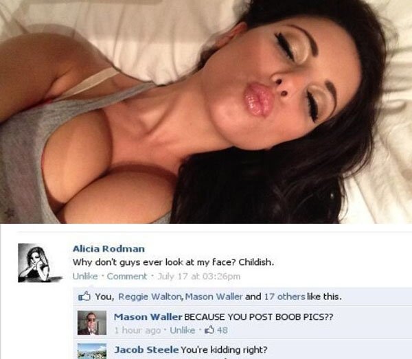 A woman is laying on a bed with her breasts exposed, while contemplating our love-hate relationship with Facebook.