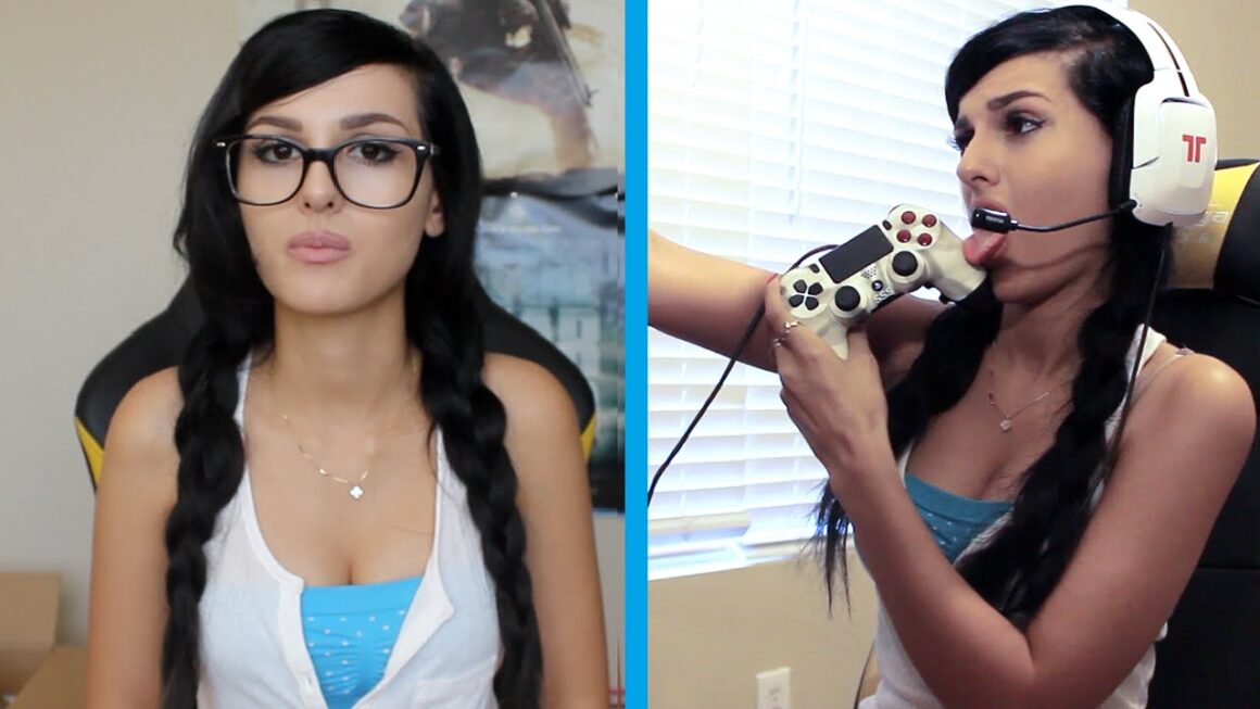 Two pictures of a woman with glasses and a game controller.